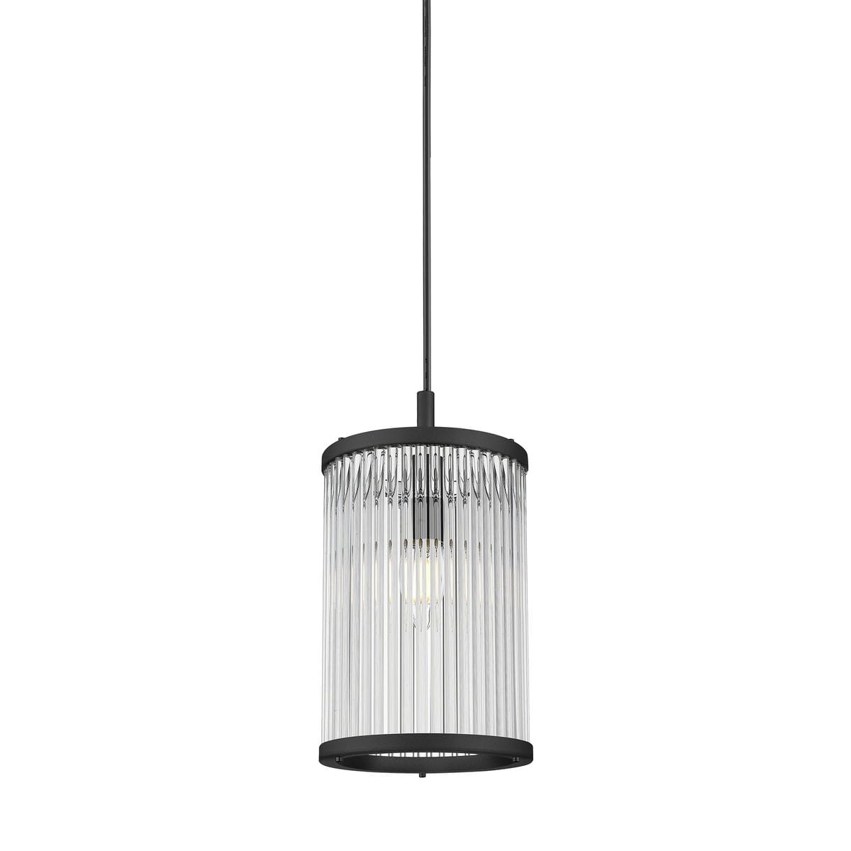 Lampa wisząca Sergio z czarnym metalowym stelażem i przezroczystym kloszem z pionowymi żłobieniami, zawieszona na cienkim przewodzie. Wnętrze klosza mieści miejsce na żarówkę E14. Produkt wisi w pionie, na jednolitym tle.