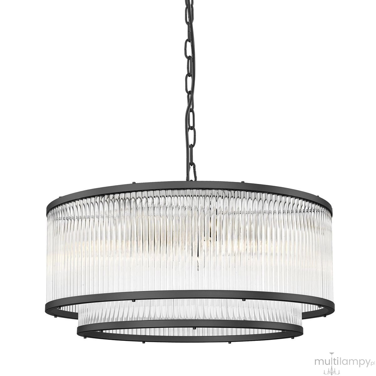 Lampa wisząca Sergio z miejscem na 6 żarówek E14, w kolorze czarnym. Okrągła konstrukcja z przezroczystymi, pryzmatycznymi elementami, zwisająca na łańcuchu. Krawędzie lampy są wykończone metalem, co podkreśla elegancki design.