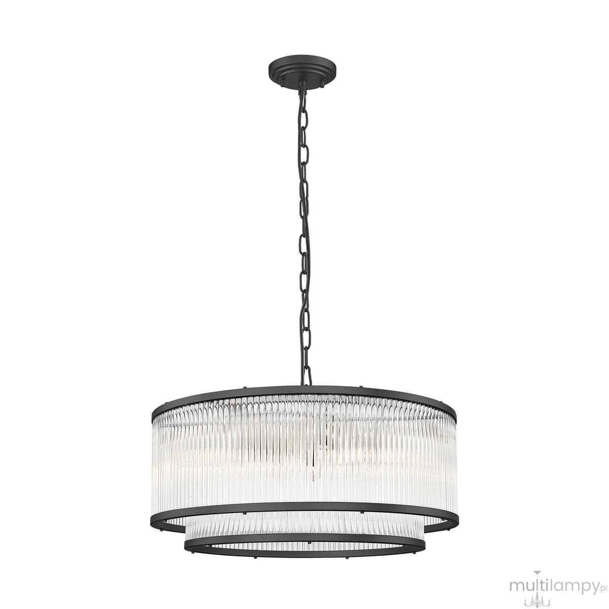 Lampa wisząca Sergio z sześcioma oprawami E14, w kolorze czarnym. Okrągła, z przezroczystym kloszem o fakturze pryzmatu, zawieszona na łańcuchu. Wysoka jakość wykonania, idealna do nowoczesnych wnętrz.
