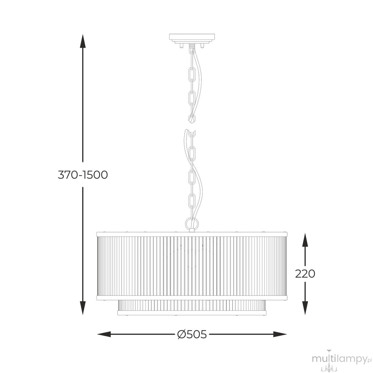 Lampa wisząca Sergio 6xE14 w kolorze czarnym, o średnicy 505 mm i wysokości regulowanej od 370 do 1500 mm. Posiada przymocowaną łańcuchową zawieszkę oraz cylindryczny klosz z żebrowanej struktury.