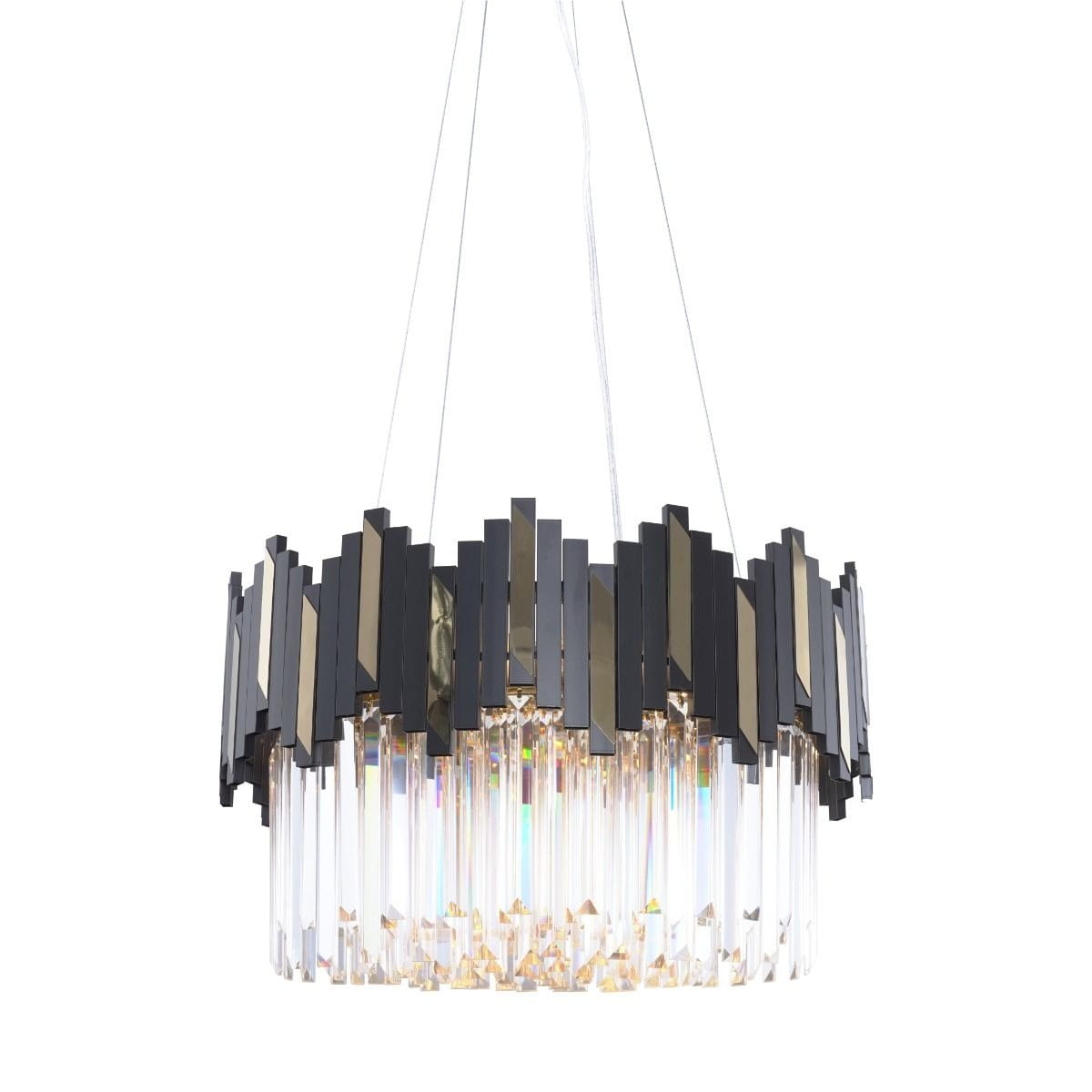 Lampa wisząca Rotta z sześcioma gniazdami E14, w kolorze złotym i czarnym. Okrągła konstrukcja z asymetrycznymi, błyszczącymi elementami oraz przezroczystymi kryształowymi detalami, zawieszona na cienkim przewodzie.