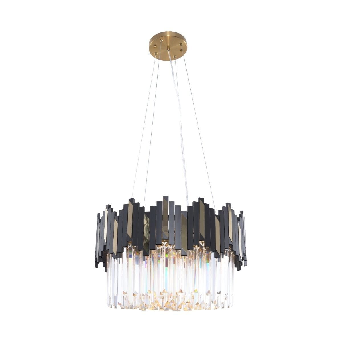 Lampa wisząca Rotta z sześcioma gniazdami E14, w kolorze złotym i czarnym. Okrągła podstawa z metalicznym wykończeniem, otoczona dekoracyjnymi, szklanymi elementami w formie prostokątów. Długo wiszące przewody. Tło białe.