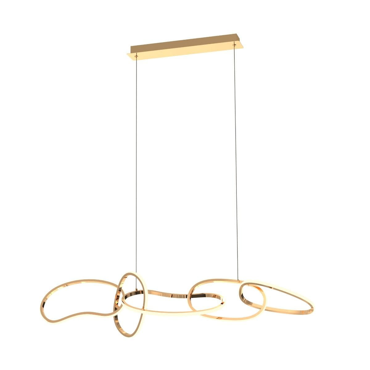 Lampa wisząca Cholet MD7361-5A-EGT w kolorze złotym, z pięcioma źródłami LED. Posiada nowoczesny, organiczny kształt z owalnymi elementami oraz prostokątnym mocowaniem sufitowym. Zawieszona na cienkich linkach, idealna do nowoczesnych wnętrz.