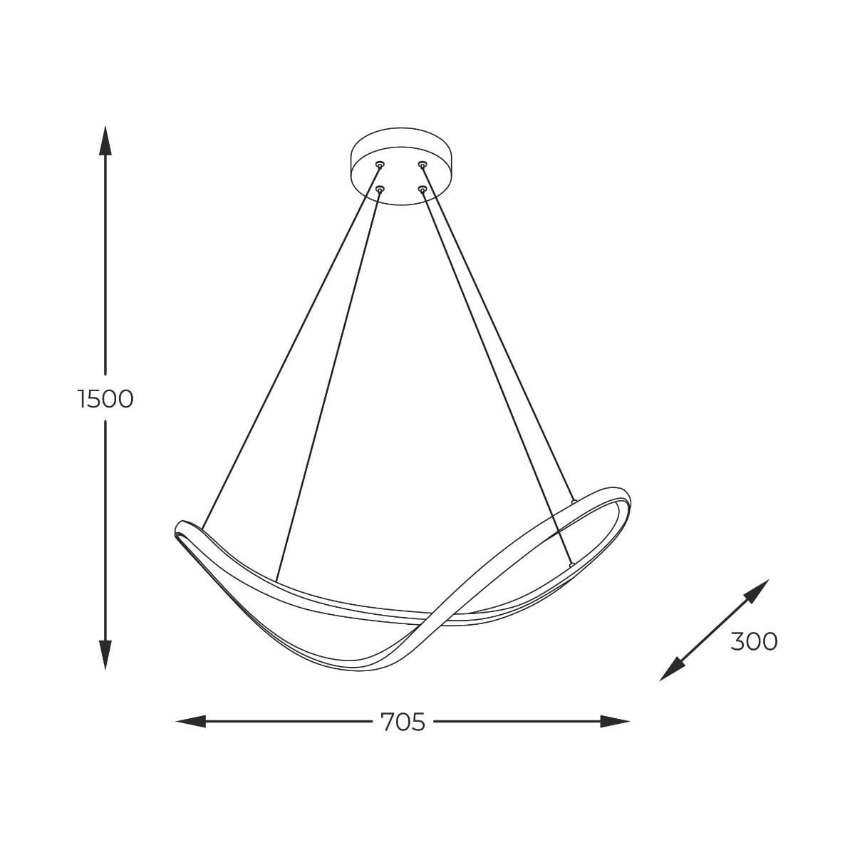 Czarna lampa wisząca Erda z jednym źródłem LED o mocy 45W. Wymiary: długość 705 mm, szerokość 300 mm, wysokość 1500 mm. Okrągły sufitowy uchwyt z trzema linkami mocującymi, nowoczesny, minimalistyczny design.