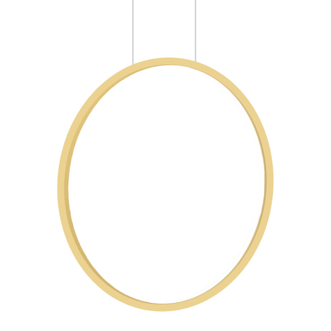 Lampa wisząca Saturno D50 w złotym kolorze, w kształcie dużego okręgu, zawieszona na cienkich, przezroczystych linkach. Produkt przeznaczony do instalacji w pomieszczeniach z ochroną IP44. Elegancka forma idealna do nowoczesnych aranżacji.