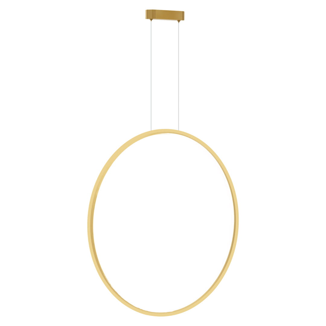 Lampa wisząca Saturno D80 w kolorze złotym, z okrągłym kształtem. Zawieszona na cienkich linkach, montowana do sufitu. Oświetlenie LED o mocy 46W, klasa ochrony IP44, idealna do wnętrz i przestrzeni semi-zewnętrznych.