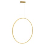Lampa wisząca Saturno D80 w kolorze złotym, z okrągłym kształtem. Zawieszona na cienkich linkach, montowana do sufitu. Oświetlenie LED o mocy 46W, klasa ochrony IP44, idealna do wnętrz i przestrzeni semi-zewnętrznych.