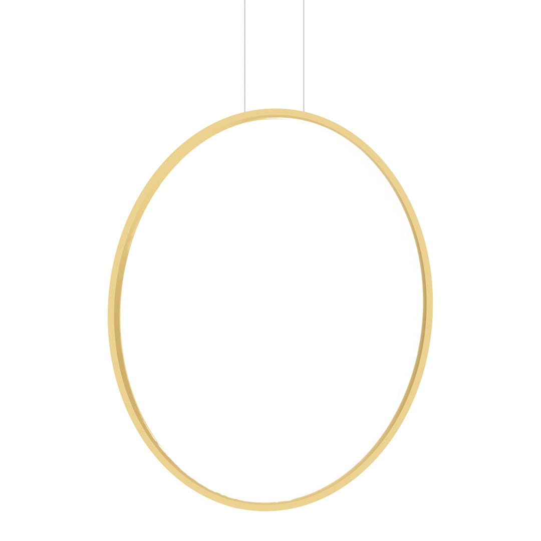Lampa wisząca Saturno D80 w kolorze złotym, okrągła, zawieszona na dwóch cienkich linkach. Wykonana z metalu, przeznaczona do oświetlenia LED 1x46W, o stopniu ochrony IP44. Tło białe, minimalistyczny design.