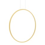 Lampa wisząca Saturno D80 w kolorze złotym, okrągła, zawieszona na dwóch cienkich linkach. Wykonana z metalu, przeznaczona do oświetlenia LED 1x46W, o stopniu ochrony IP44. Tło białe, minimalistyczny design.