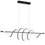 Lampa wisząca Twist w kolorze czarnym, z dwoma źródłami LED o mocy 90W. Posiada nowoczesny, falisty kształt z metalowym stelażem i białymi akcentami. Ujęcie z przodu, zawieszona na cienkich linkach.