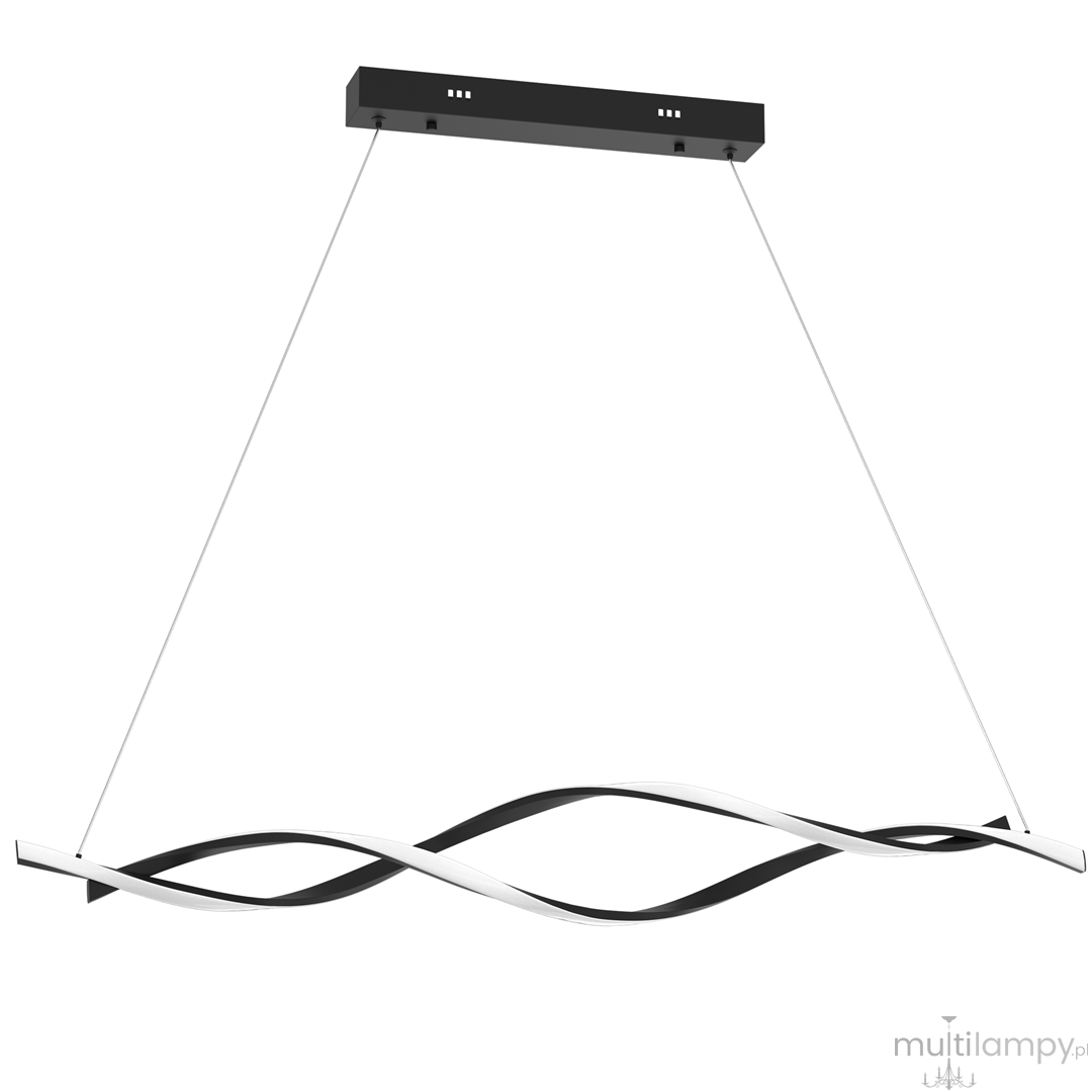 Lampa wisząca Grant w kolorze czarnym z dwoma źródłami LED o mocy 38W, o fali w kształcie fali, zawieszona na cienkich linkach, z prostokątnym mocowaniem sufitowym. Tło białe.