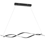 Lampa wisząca Grant w kolorze czarnym z dwoma źródłami LED o mocy 38W, o fali w kształcie fali, zawieszona na cienkich linkach, z prostokątnym mocowaniem sufitowym. Tło białe.