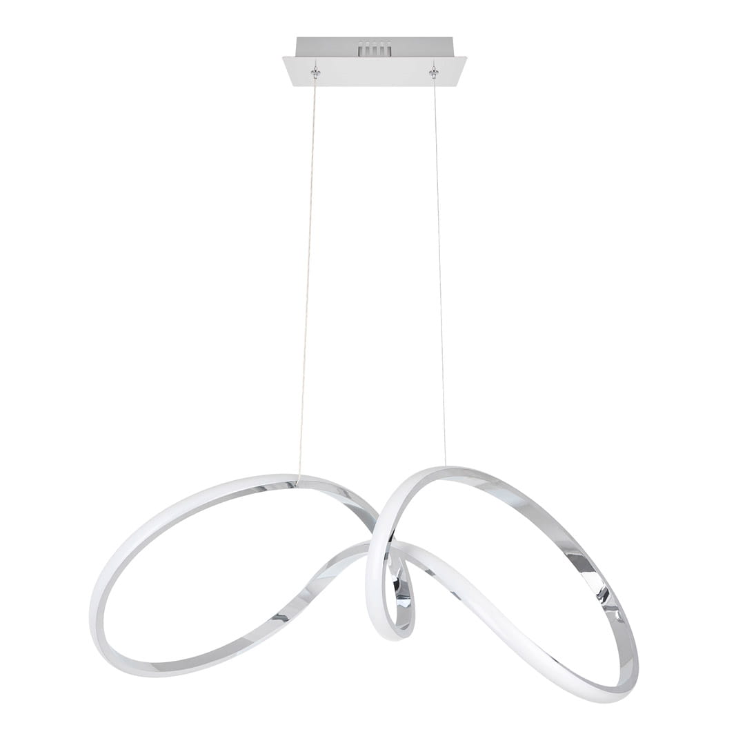Lampa wisząca Tesoro LED 1-punktowa w chromie, składająca się z dwóch stylowych, zakrzywionych pierścieni. Zawieszona na cienkich linkach, montowana do sufitu, prezentuje nowoczesny design w minimalistycznym stylu.