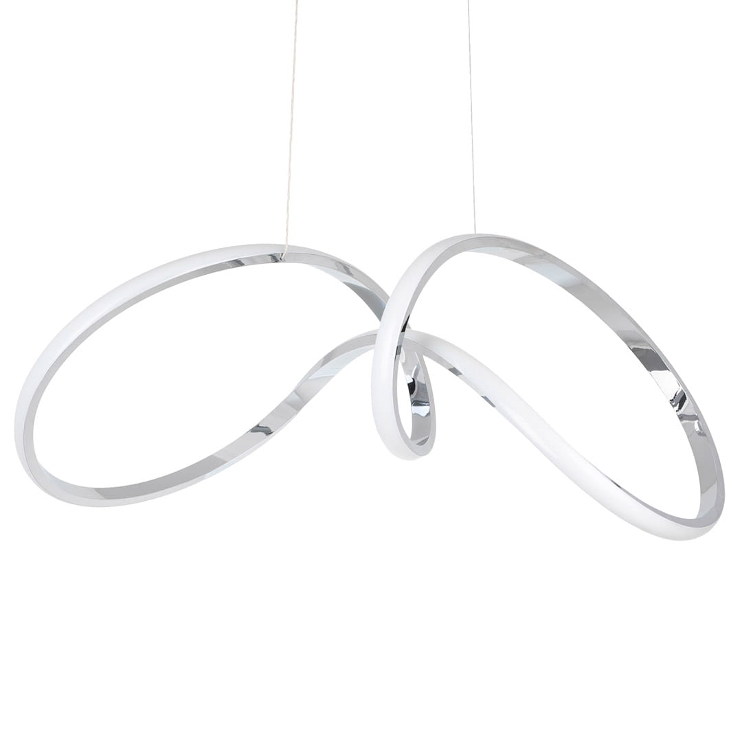 Lampa wisząca Tesoro LED, 1-punktowa, w kolorze chromu. Charakteryzuje się nowoczesnym, organicznym kształtem z dwoma pętlami. Zawieszona na cienkich linkach, idealna do minimalistycznych wnętrz. Na białym tle.