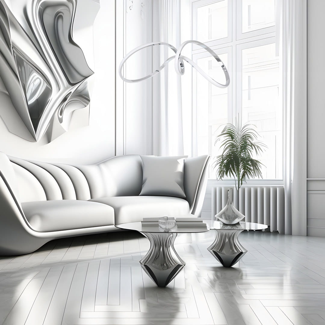 Lampa wisząca Tesoro LED 1-punktowa w kolorze chrom, o nowoczesnym designie z dwoma opływowymi elementami. Zawieszona nad stylową, białą sofą w jasnym wnętrzu, w otoczeniu rośliny i eleganckiego stolika.