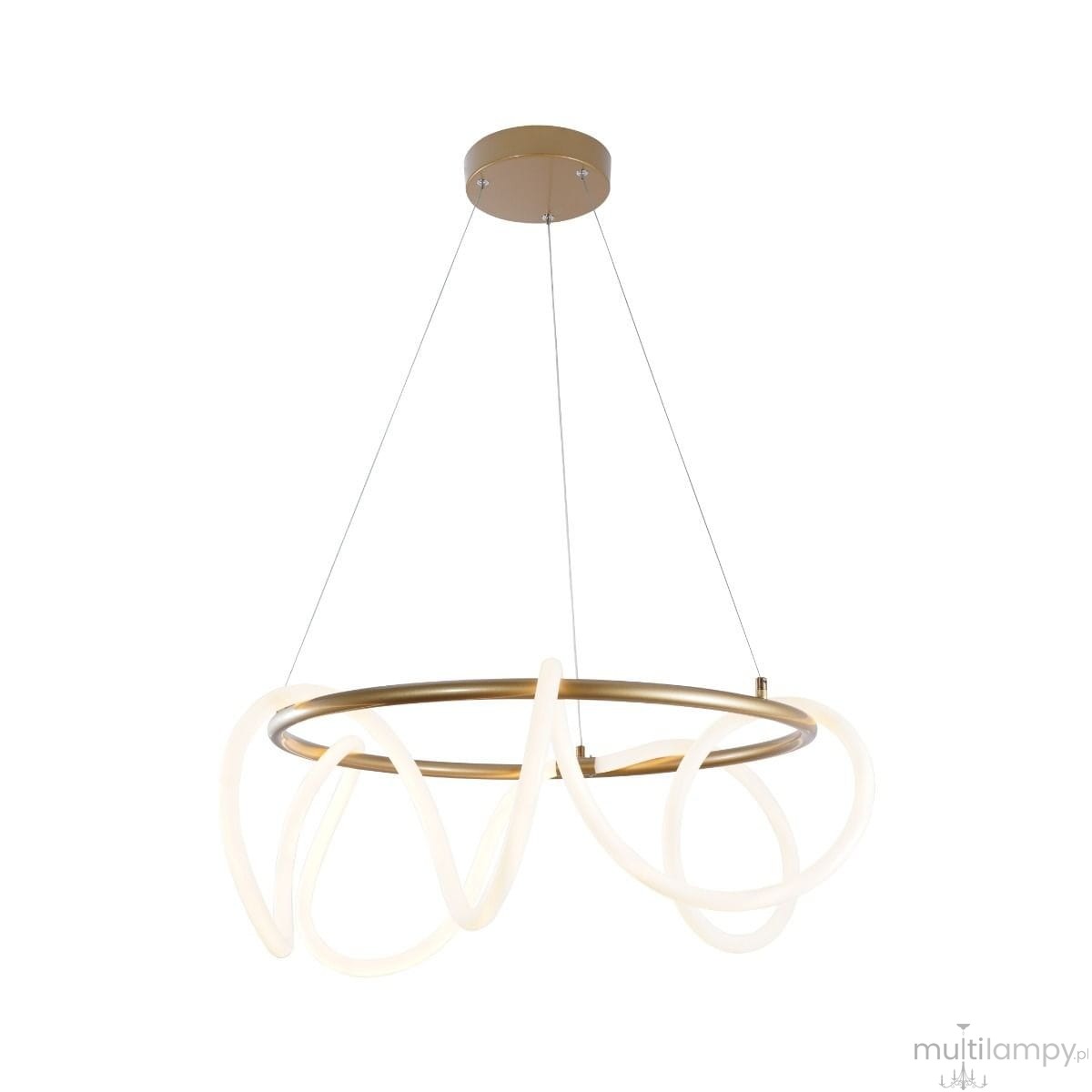 Lampa wisząca Balbo w kolorze złotym, z jedną diodą LED o mocy 58W. Posiada okrągłą metalową podstawę i elastyczne, podświetlane elementy w kształcie fal. Zawieszona na cienkich linkach, w eleganckiej pozycji.