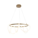 Lampa wisząca Balbo w kolorze złotym, z jedną diodą LED o mocy 58W. Posiada okrągłą metalową podstawę i elastyczne, podświetlane elementy w kształcie fal. Zawieszona na cienkich linkach, w eleganckiej pozycji.