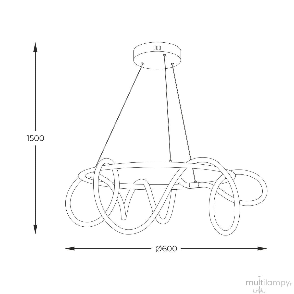 Lampa wisząca Balbo w kolorze złotym, o średnicy 600 mm i wysokości 1500 mm. Posiada unikalny, falisty kształt z jedną żarówką LED o mocy 58W, zawieszona na dwóch linkach. Idealna do nowoczesnych wnętrz.