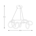 Lampa wisząca Balbo w kolorze złotym, o średnicy 600 mm i wysokości 1500 mm. Posiada unikalny, falisty kształt z jedną żarówką LED o mocy 58W, zawieszona na dwóch linkach. Idealna do nowoczesnych wnętrz.