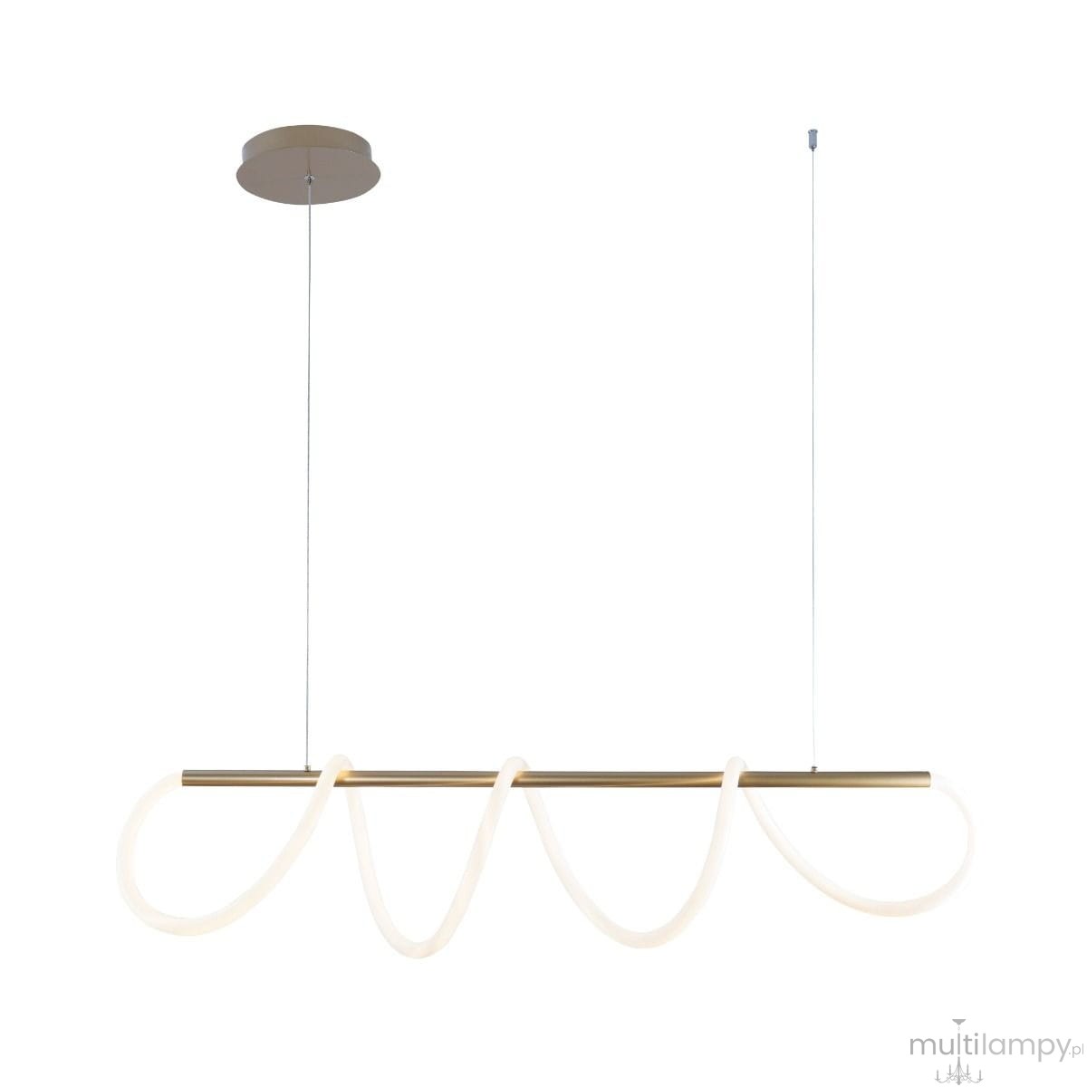 Lampa wisząca Balbo 1xLED/45W w kolorze złotym z opalowym, elastycznym kloszem w kształcie fal. Zawieszona na cienkim sznurku, montowana do sufitu, idealna do nowoczesnych wnętrz. Wymiary: długość 120 cm, wysokość regulowana.