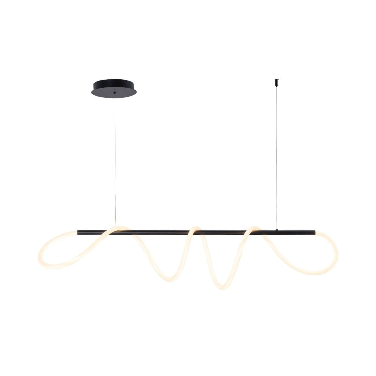 Czarna lampa wisząca Balbo 1xLED/45W z falującą, przezroczystą oprawą. Umieszczona na cienkich linkach, z okrągłym sufitem. Nowoczesny design, idealna do aranżacji wnętrz.