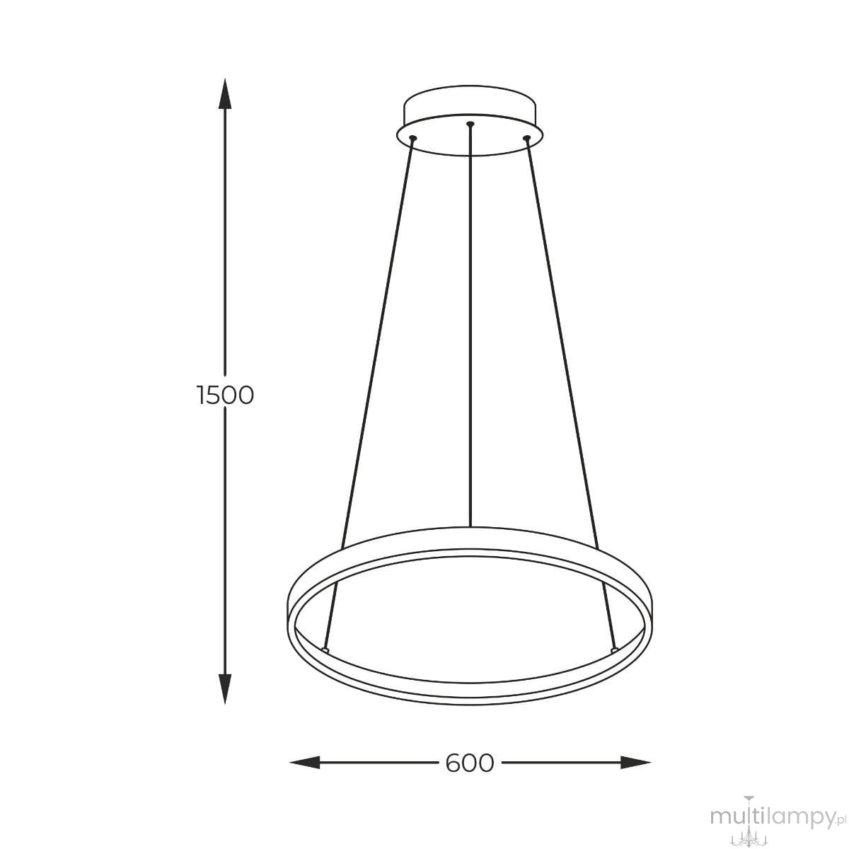 Lampa wisząca Breno D60 o średnicy 600 mm i wysokości 1500 mm, z metalowym, złotym wykończeniem. Posiada jeden moduł LED o mocy 28W, w minimalistycznym kształcie z otwartym okręgiem, zawieszona na cienkich linkach.