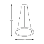 Lampa wisząca Breno D60 o średnicy 600 mm i wysokości 1500 mm, z metalowym, złotym wykończeniem. Posiada jeden moduł LED o mocy 28W, w minimalistycznym kształcie z otwartym okręgiem, zawieszona na cienkich linkach.