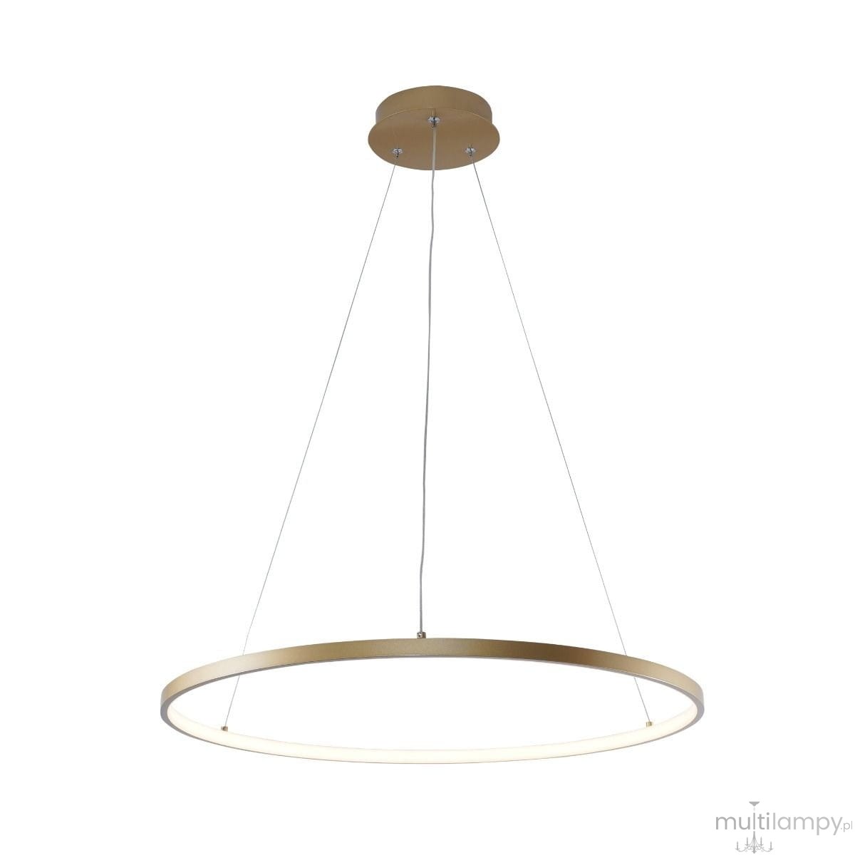 Lampa wisząca Breno D60 w kolorze złotym, z okrągłym kształtem i zamontowanym źródłem światła LED o mocy 28W. Zawieszona na dwóch cienkich linkach, z gładką, matową powierzchnią. Idealna do nowoczesnych wnętrz.