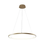 Lampa wisząca Breno D60 w kolorze złotym, z okrągłym kształtem i zamontowanym źródłem światła LED o mocy 28W. Zawieszona na dwóch cienkich linkach, z gładką, matową powierzchnią. Idealna do nowoczesnych wnętrz.