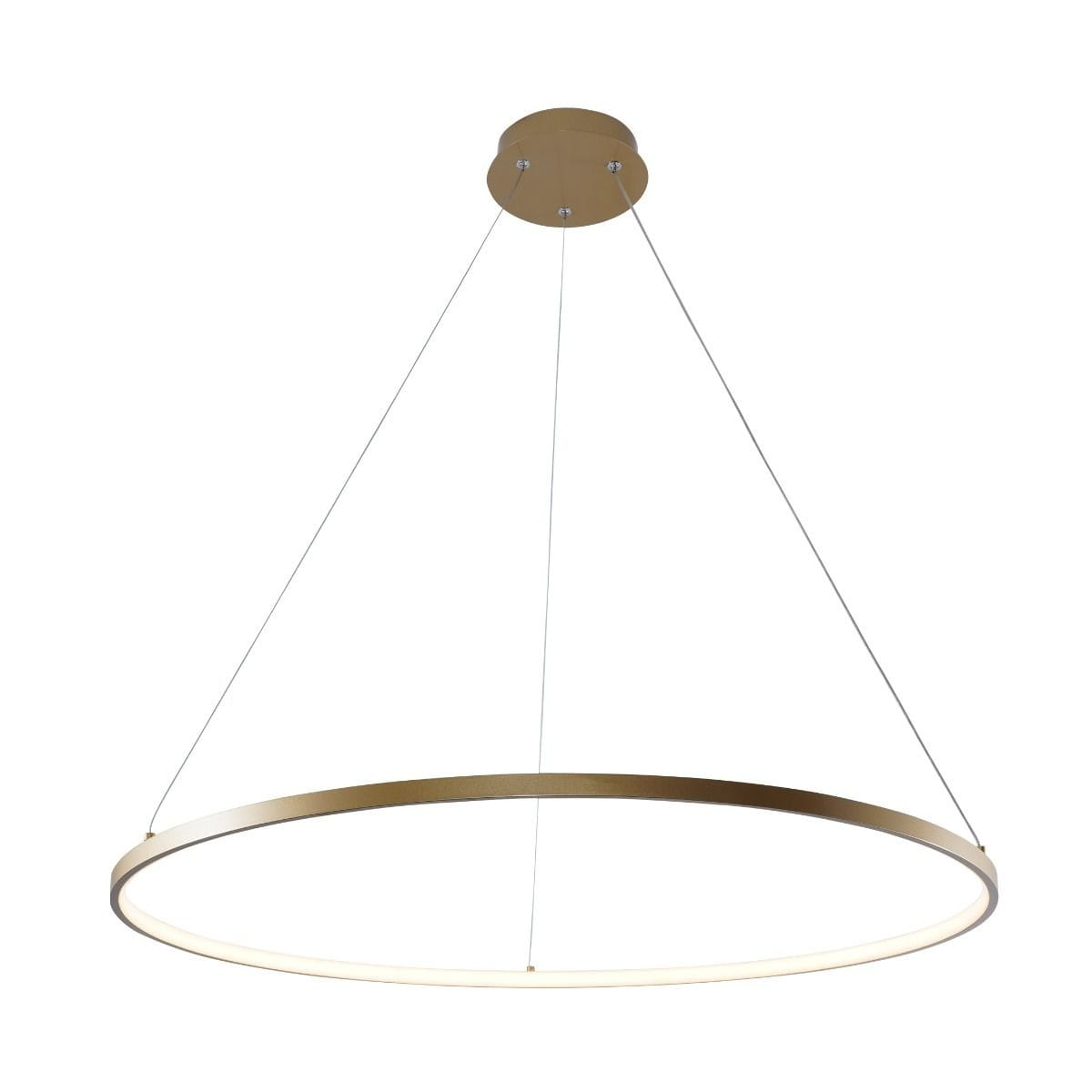 Złota lampa wisząca Breno D80 z pojedynczym źródłem światła LED o mocy 36W. Okrągła, minimalistyczna konstrukcja zawieszona na cienkich linkach, z płaskim, metalowym elementem montażowym. Idealna do nowoczesnych wnętrz.