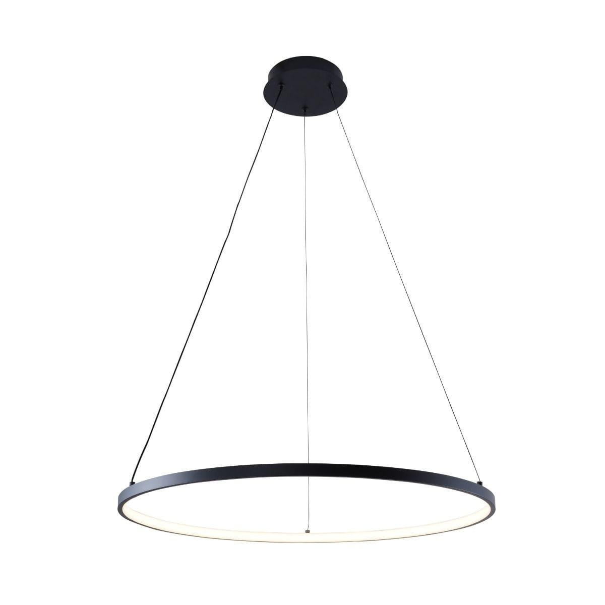 Czarna lampa wisząca Breno D60 z jedną diodą LED o mocy 28W. Okrągły kształt z cienkim metalowym pierścieniem, zawieszona na dwóch cienkich linkach. Prosta, nowoczesna forma, idealna do różnych aranżacji wnętrz.