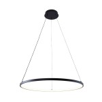 Czarna lampa wisząca Breno D60 z jedną diodą LED o mocy 28W. Okrągły kształt z cienkim metalowym pierścieniem, zawieszona na dwóch cienkich linkach. Prosta, nowoczesna forma, idealna do różnych aranżacji wnętrz.
