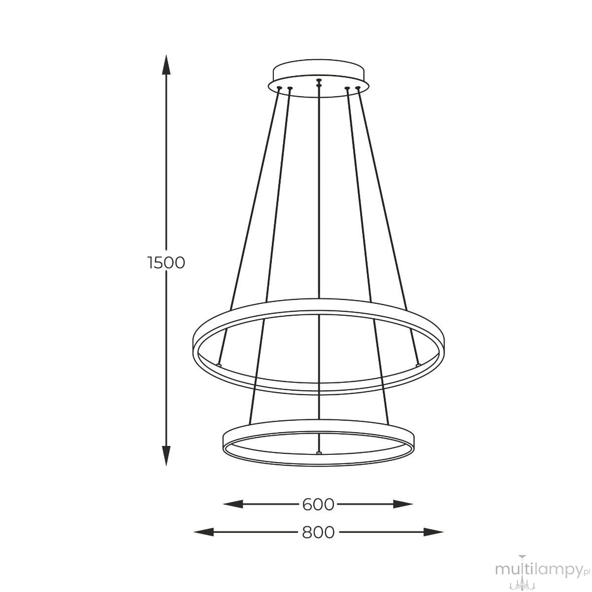 Lampa wisząca Breno D80 w kolorze złotym, z dwoma okrągłymi pierścieniami, o wymiarach 600 mm i 800 mm. Zawieszona na trzech linkach, wysokość 1500 mm. Wykorzystuje źródła światła LED, moc 60W.