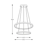 Lampa wisząca Breno D80 w kolorze złotym, z dwoma okrągłymi pierścieniami, o wymiarach 600 mm i 800 mm. Zawieszona na trzech linkach, wysokość 1500 mm. Wykorzystuje źródła światła LED, moc 60W.
