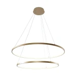 Lampa wisząca Breno D80 w kolorze złotym, składająca się z dwóch okrągłych pierścieni LED o średnicy 60 cm. Zawieszona na cienkich linkach, z metalowym stelażem. Wbudowane oświetlenie LED zapewnia nowoczesne i energooszczędne oświetlenie.