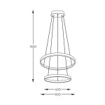 Lampa wisząca Breno D60 w kolorze czarnym z dwoma okrągłymi kloszami LED. Wymiary: wysokość 1500 mm, większy klosz o średnicy 600 mm, mniejszy o średnicy 400 mm. Zawieszona na trzech linkach, minimalistyczny design.