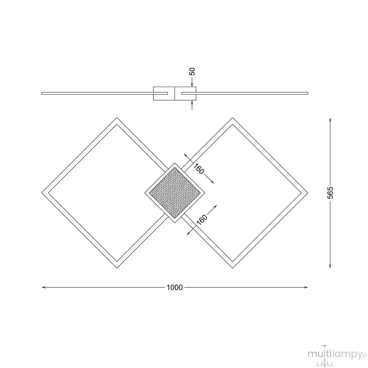 Lampa sufitowa Hex 3xLED/30W w kolorze złotym, o geometrycznym kształcie z trzema kwadratowymi panelami LED. Wymiary: 1000 mm szerokości, 565 mm wysokości, 50 mm głębokości. Montaż sufitowy, minimalistyczny styl.