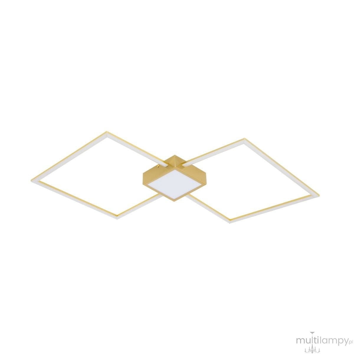 Lampa sufitowa Hex 3xLED/30W w złotym kolorze, z geometrycznym kształtem diamentu. Składa się z trzech prostokątnych ram w białym kolorze. Zainstalowana na suficie, z centralnym elementem o kwadratowym kształcie.
