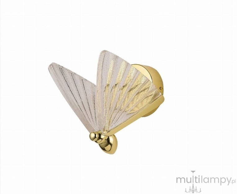Kinkiet Mariposa 1xLED/8W w kolorze złotym z przezroczystymi, teksturowanymi kloszami w kształcie skrzydeł. Ułożony na ścianie, z widocznym mocowaniem i detalami w złotej barwie. Idealny do nowoczesnych aranżacji wnętrz.