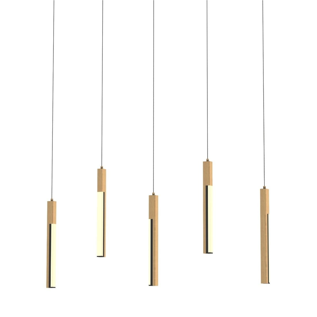 Lampa wisząca Eliot 5xLED/25W w kolorze czarnym z jasnym drewnem, składająca się z pięciu prostokątnych elementów zawieszonych na cienkich linkach. Dwa rodzaje materiałów: drewno i metal. Ujęcie frontalne, na białym tle.