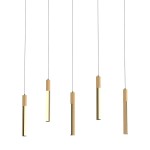 Lampa wisząca Eliot 5xLED/25W w kolorze czarnym z jasnym drewnem, składająca się z pięciu prostokątnych elementów zawieszonych na cienkich linkach. Dwa rodzaje materiałów: drewno i metal. Ujęcie frontalne, na białym tle.