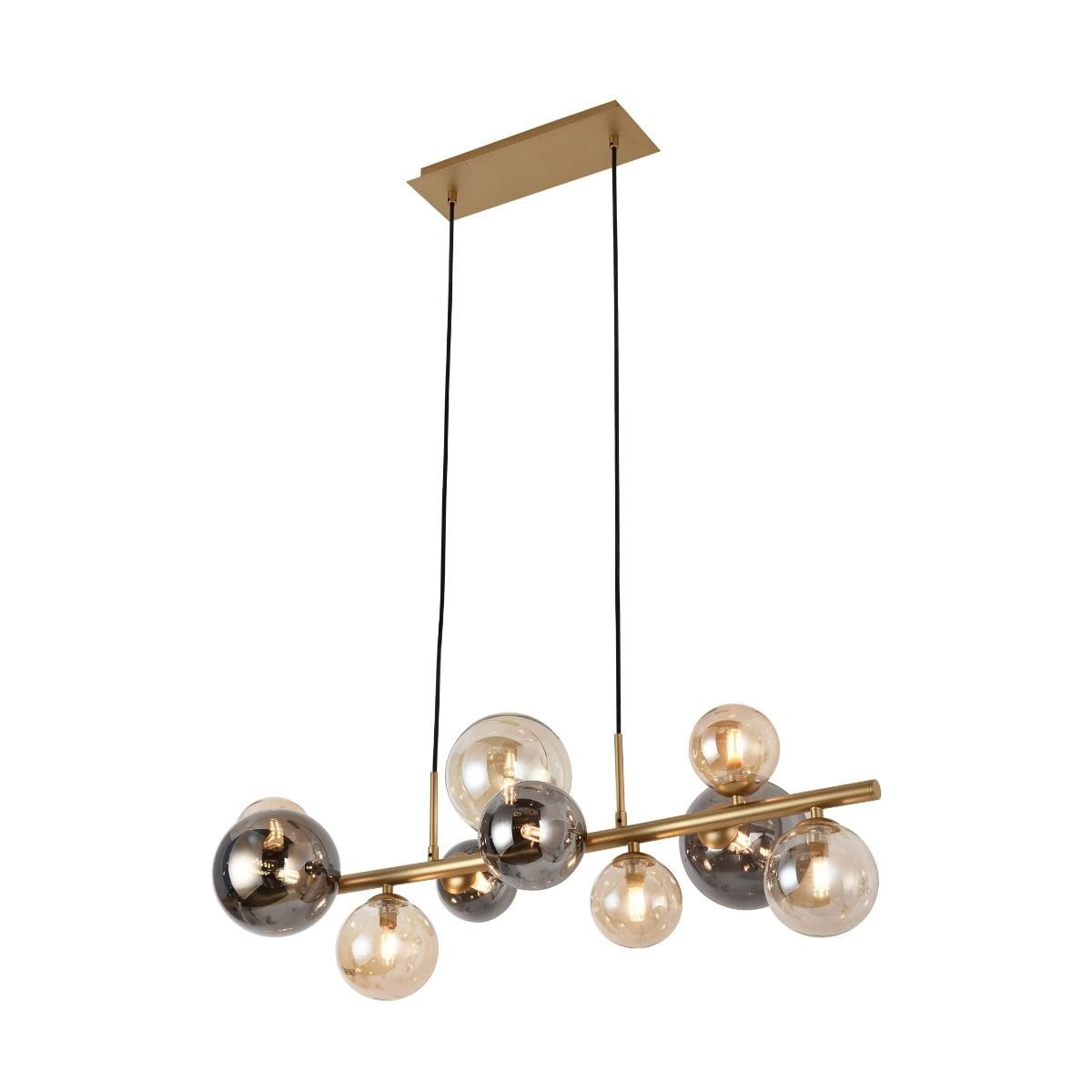 Lampa wisząca Villa z 10 żarówkami G9 w kolorze złotym. Posiada szereg kulistych kloszy w różnych odcieniach, zawieszona na dwóch czarnych przewodach, zamocowana do prostokątnej, złotej podsufitki.
