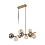Lampa wisząca Villa z 10 żarówkami G9 w kolorze złotym. Posiada szereg kulistych kloszy w różnych odcieniach, zawieszona na dwóch czarnych przewodach, zamocowana do prostokątnej, złotej podsufitki.