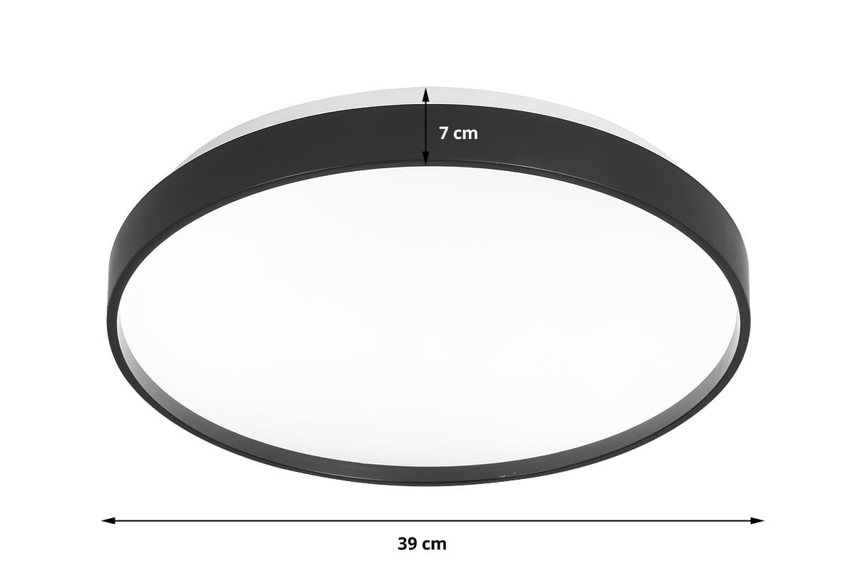 Plafon LED Filo D39 o średnicy 39 cm i wysokości 7 cm, w kolorze białym z czarną ramą. Oświetlenie o mocy 36W i temperaturze barwowej 4000K, montowane na suficie, w prostokątnym kształcie z gładką, matową powierzchnią.