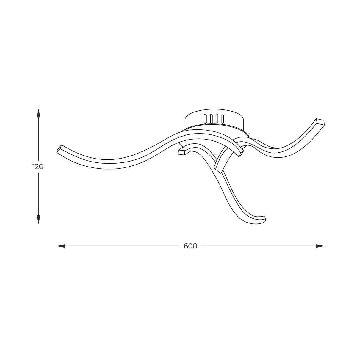 Lampa sufitowa Focus 3xLED/20W w kolorze chromu, z trzema falistymi ramionami. Wymiary: 600 mm szerokości i 120 mm wysokości. Montowana na suficie, idealna do nowoczesnych wnętrz.