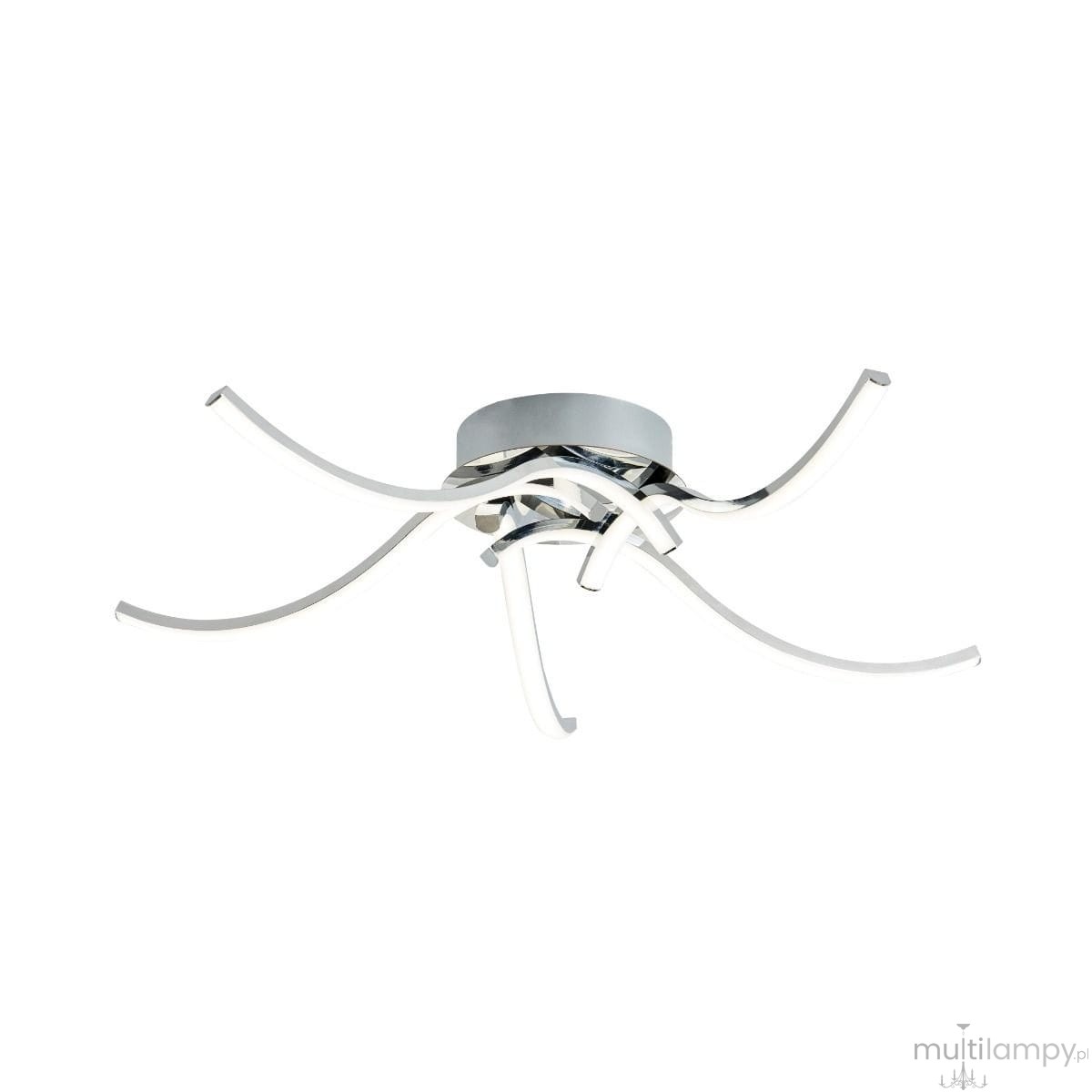 Lampa sufitowa Focus 5xLED/35W w chromowanej obudowie. Posiada pięć elastycznych, podświetlanych ramion w białym kolorze, które rozpraszają światło. Ujęcie z dołu, ukazujące nowoczesny design i kształt lampy.