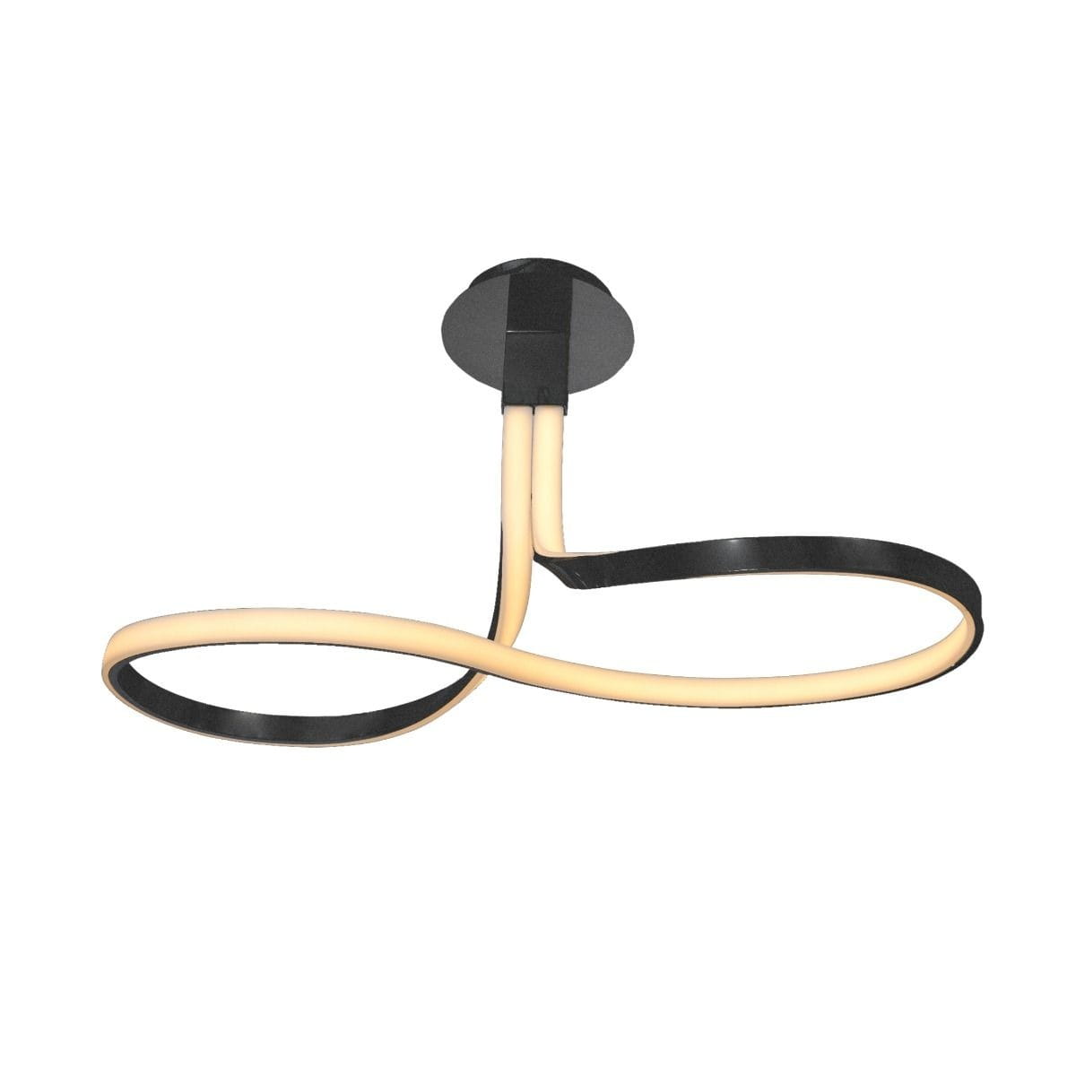 Czarna lampa sufitowa Viso z jednym źródłem LED 26W, o nowoczesnym designie. Ułożona w formie falistej, z dwoma wąskimi, elastycznymi elementami świetlnymi i okrągłym mocowaniem. Tło białe, co podkreśla jej kształt.