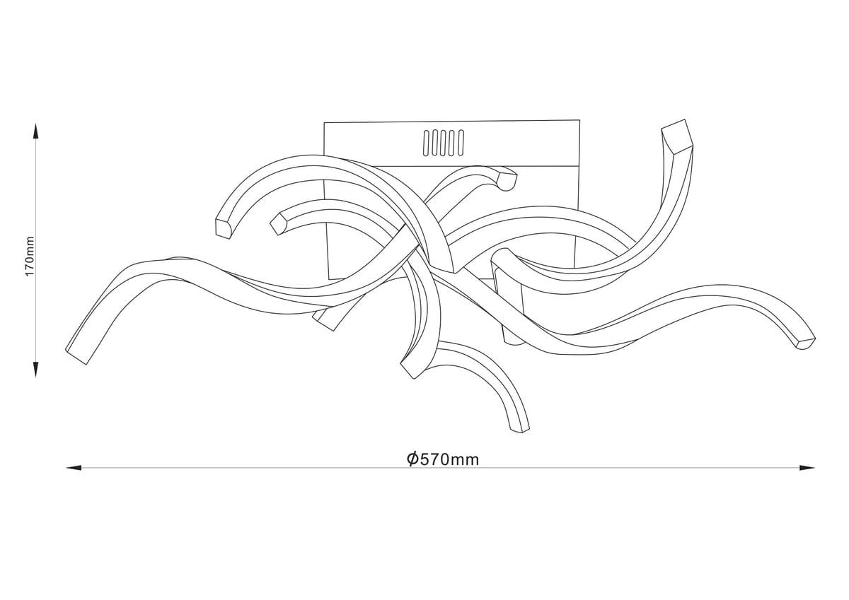 Stelo lampa sufitowa w kolorze czarnym, z pięcioma elastycznymi ramionami LED o mocy 48W. Ujęcie z góry, prezentujące kształt ramion w formie fal. Wymiary: średnica 570 mm, wysokość 170 mm. Montaż sufitowy.
