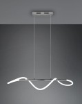 Lampa wisząca Argos LED 1-punktowa w kolorze chromu, z nowoczesnym, falistym designem. Posiada prostokątny metalowy uchwyt i dwa przezroczyste przewody, zawieszona na szarym tle. Idealna do minimalistycznych wnętrz.