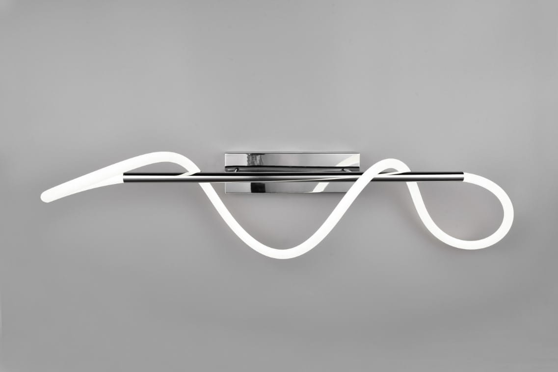 Argos LED lampa sufitowa 1-punktowa w kolorze chromu, z białym, elastycznym kloszem. Ujęcie frontalne, lampa zamocowana na prostokątnej podstawie. Kształt klosza falisty, z płynnie zakrzywionymi liniami. Tło szare, jednolite.